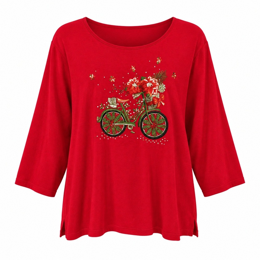 Quacker Factory Cottagecore Christmas Bicycle Top Womens XL Festive Grandmacore